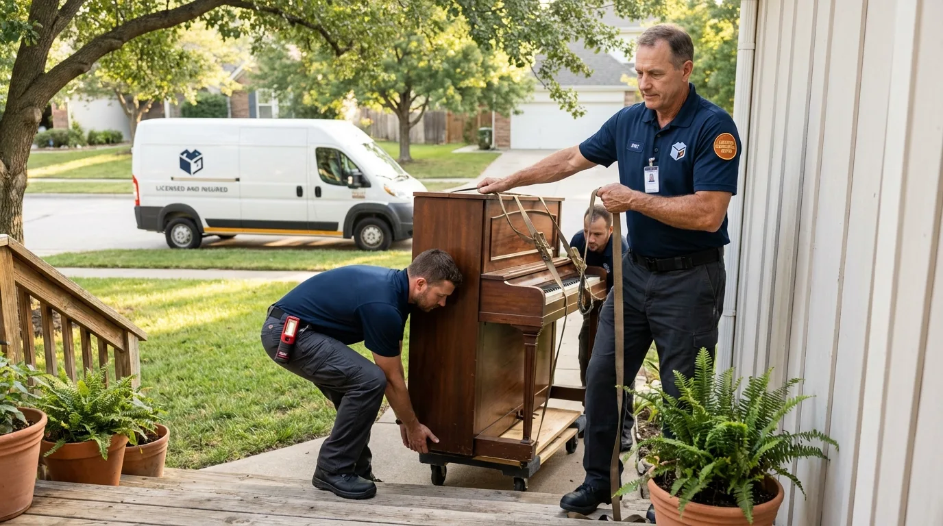 Licensed piano movers securing grand piano in Cabo Rojo, PR